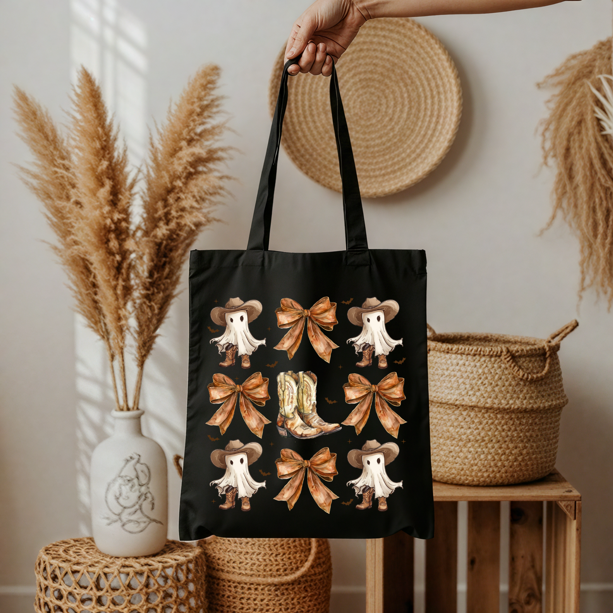 Western Ghost Coquette Tasche Schwarz – Halloween Cowboy Geist Stoffbeutel – als DTG Druck oder A4/A3 Bügelbild für Shirt, Jacke, Tasche, Kissen