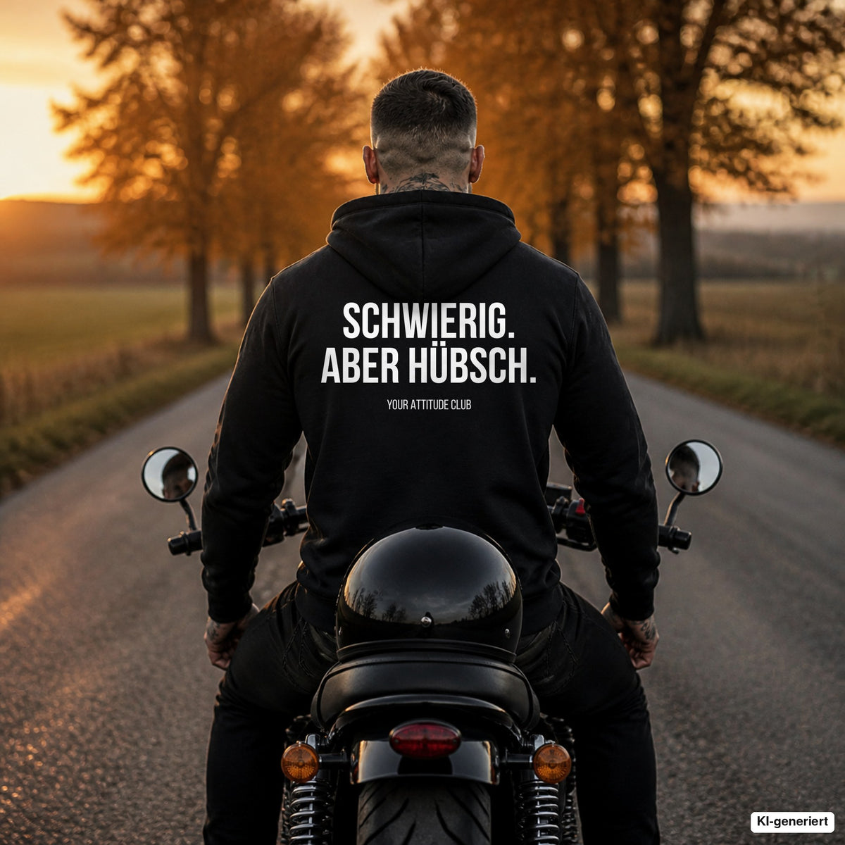 SCHWIERIG. ABER HÜBSCH. – schwarzer Hoodie mit weißem Backprint, Herren auf dem Motorrad