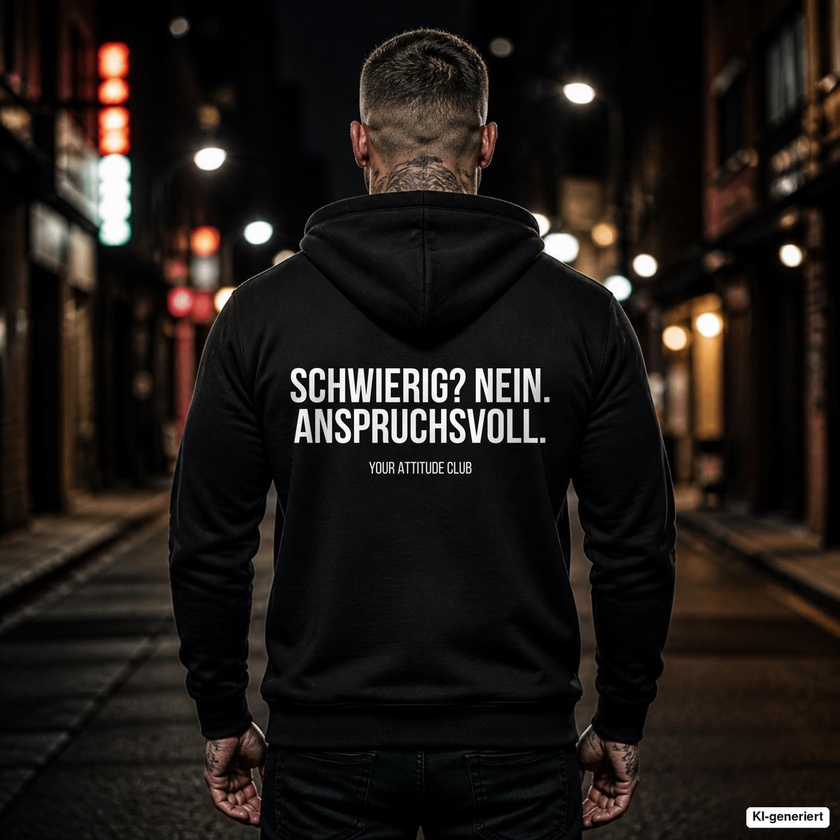 SCHWIERIG? NEIN. ANSPRUCHSVOLL. – schwarzer Hoodie mit weißem Backprint, Herren in der Stadt bei Nacht