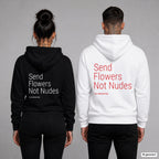 Send Flowers Not Nudes – Hoodie mit Backprint, Frau in Schwarz und Mann in Weiß