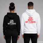 Send money not flowers – Hoodie mit Backprint, Frau in Schwarz und Mann in Weiß