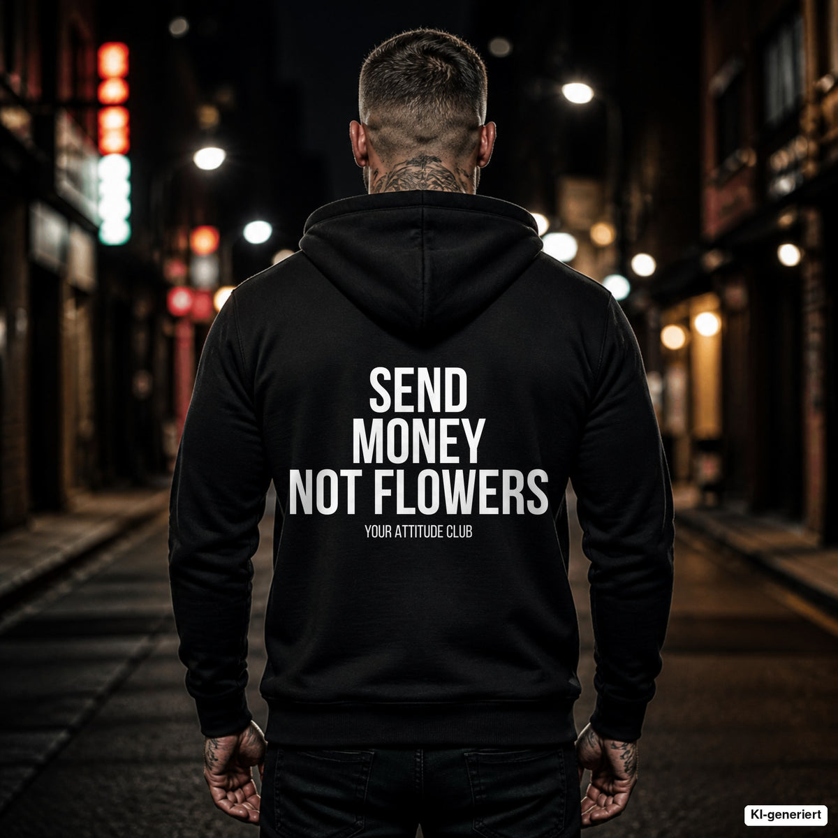 Send money not flowers – schwarzer Hoodie mit weißem Backprint, Herren in der Stadt bei Nacht