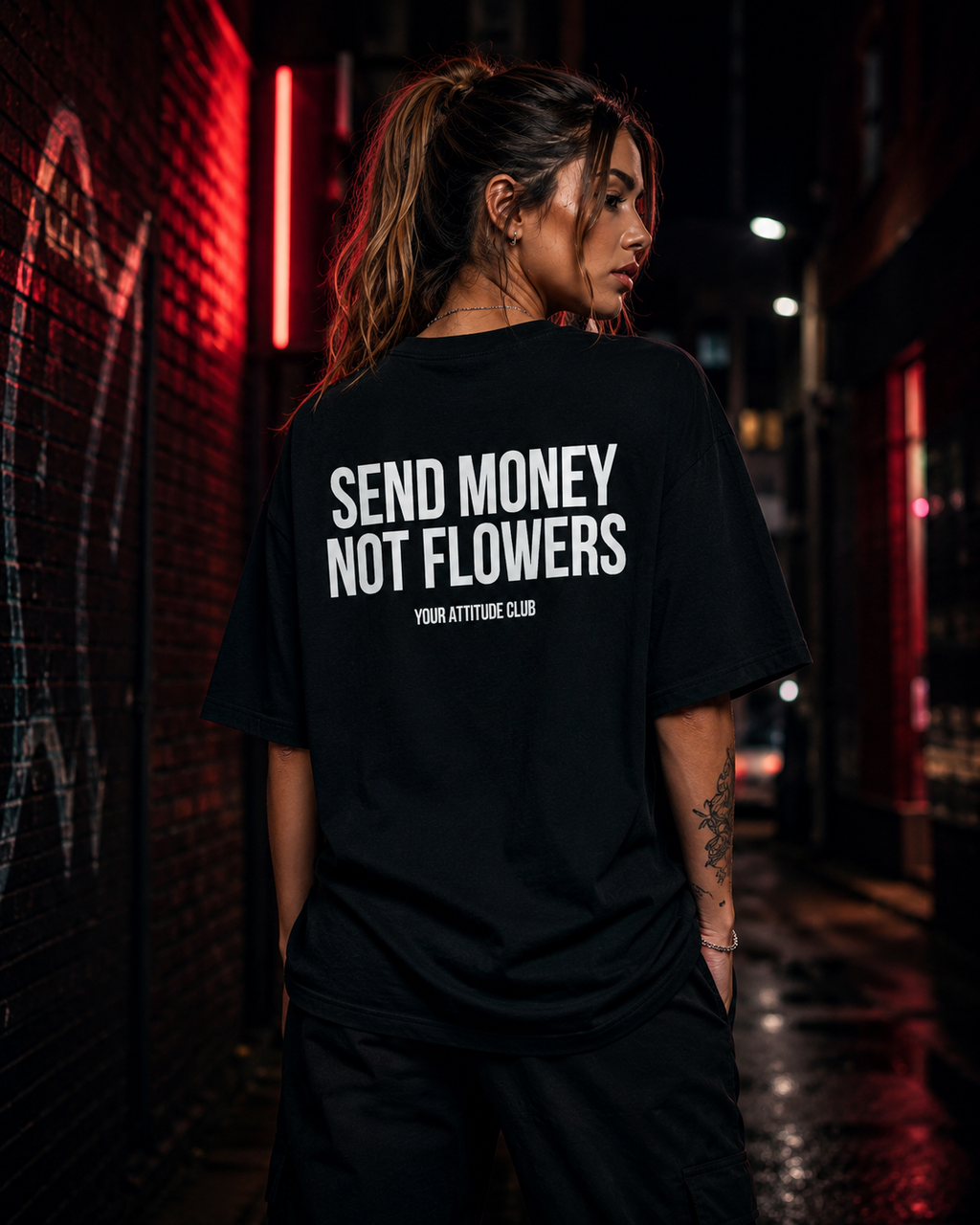 SEND MONEY NOT FLOWERS | Oversize Shirt Unisex mit Backprint, Statement Shirt aus Bio-Baumwolle