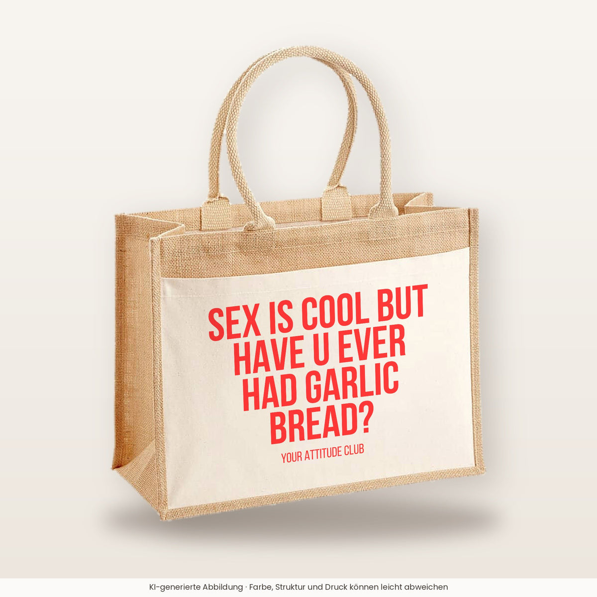 Sex is cool but have u ever had garlic bread? – Jutetasche mit Spruch, große Jutetasche, Produktansicht