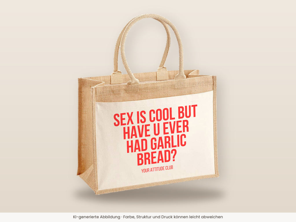 Sex is cool but have u ever had garlic bread? – Jutetasche mit Spruch, große Jutetasche, Detailansicht