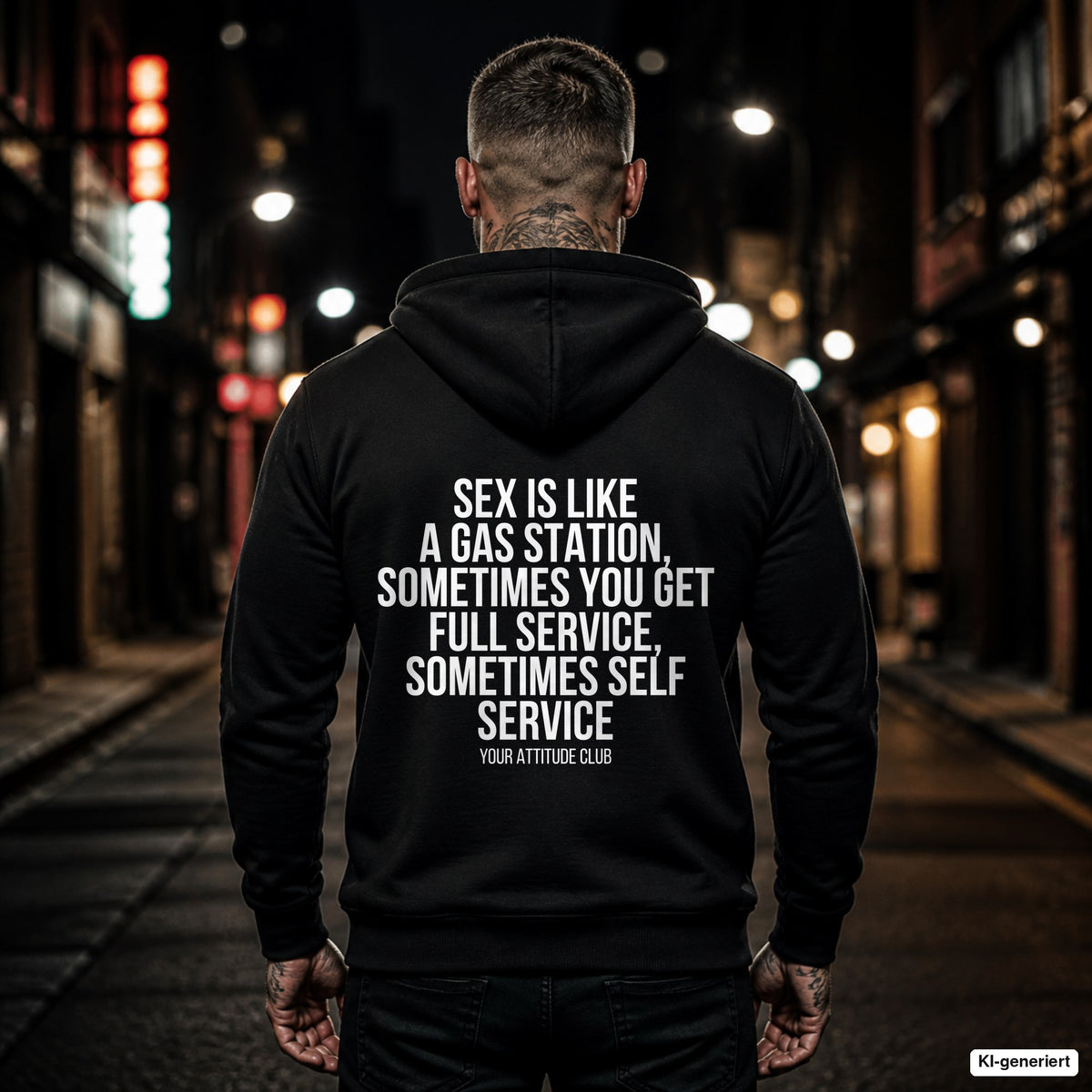 Sex is like a gas station, sometimes you get full service, sometimes self service – schwarzer Hoodie mit weißem Backprint, Herren in der Stadt bei Nacht