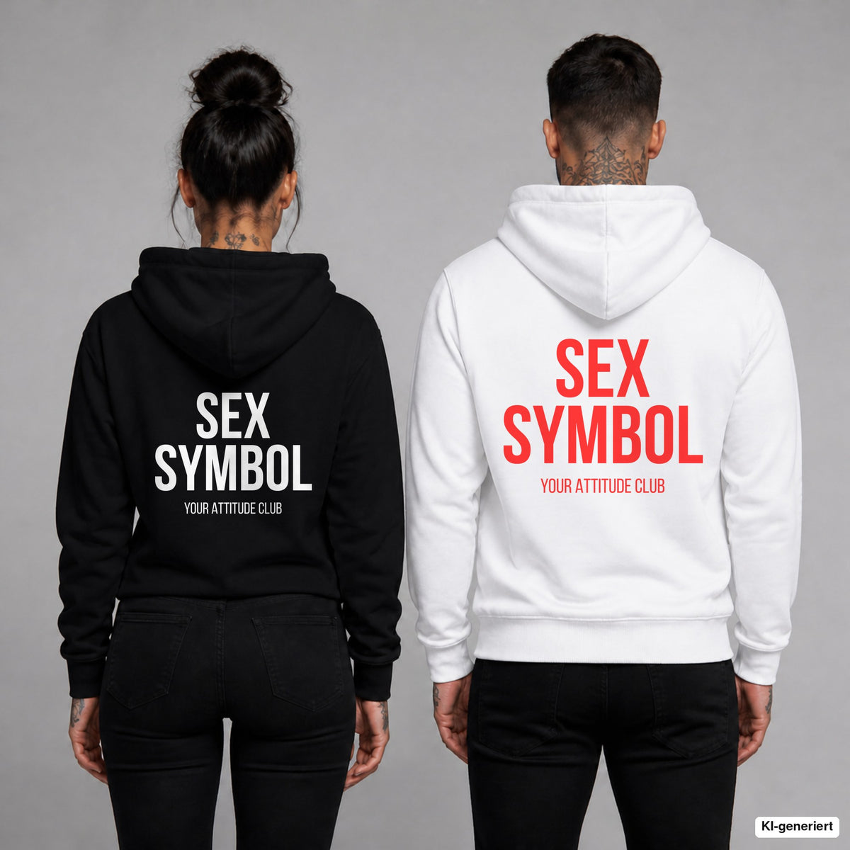 SEX SYMBOL – Hoodie mit Backprint, Frau in Schwarz und Mann in Weiß
