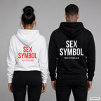 SEX SYMBOL – Hoodie mit Backprint, Frau in Weiß mit rotem und Mann in Schwarz mit weißem Aufdruck