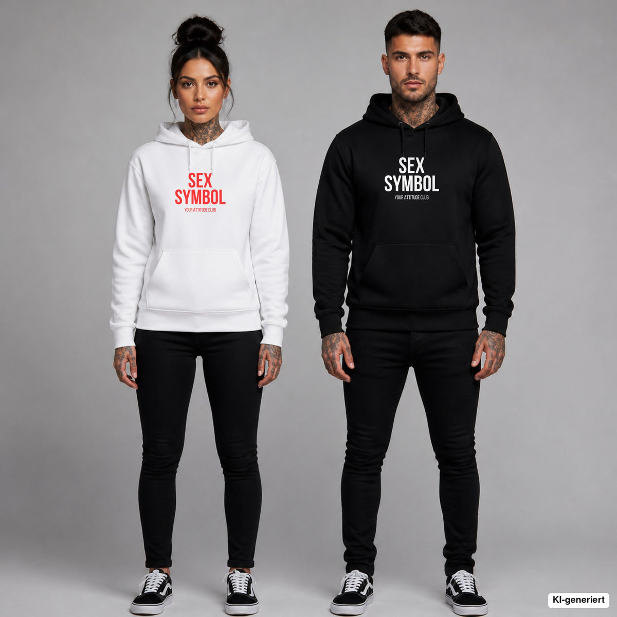 SEX SYMBOL – Hoodie mit Frontprint, Frau in Weiß mit rotem und Mann in Schwarz mit weißem Aufdruck