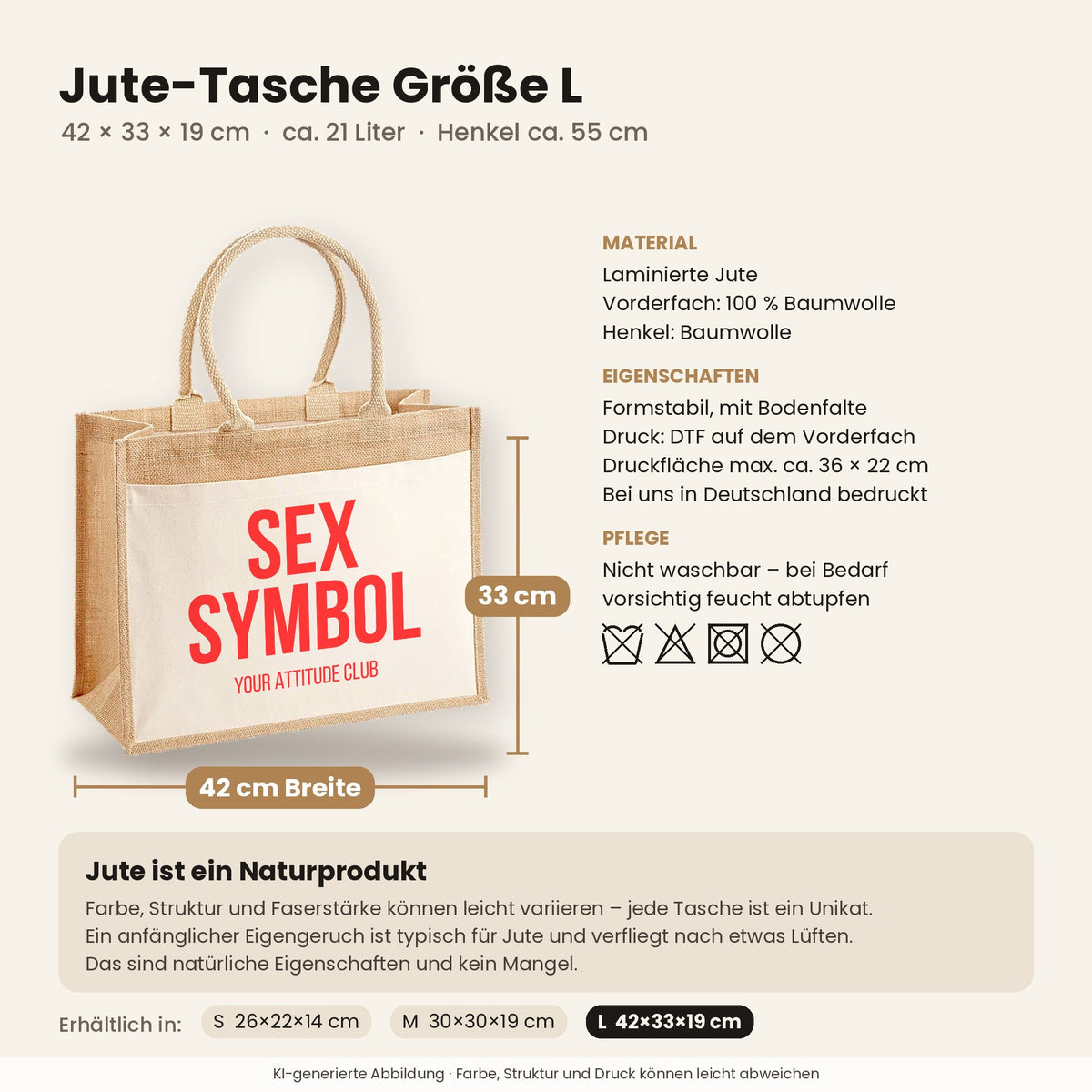 Sex symbol – Jutetasche mit Spruch, Maße, Material und Pflege