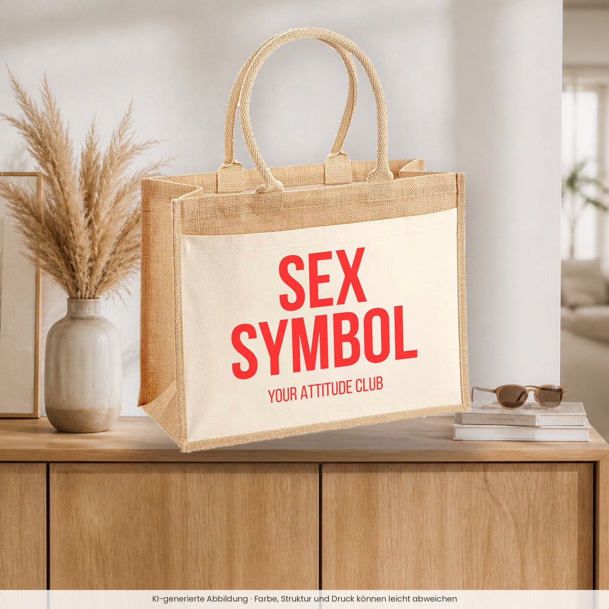 Sex symbol – Jutetasche mit Spruch, auf dem Sideboard im Flur