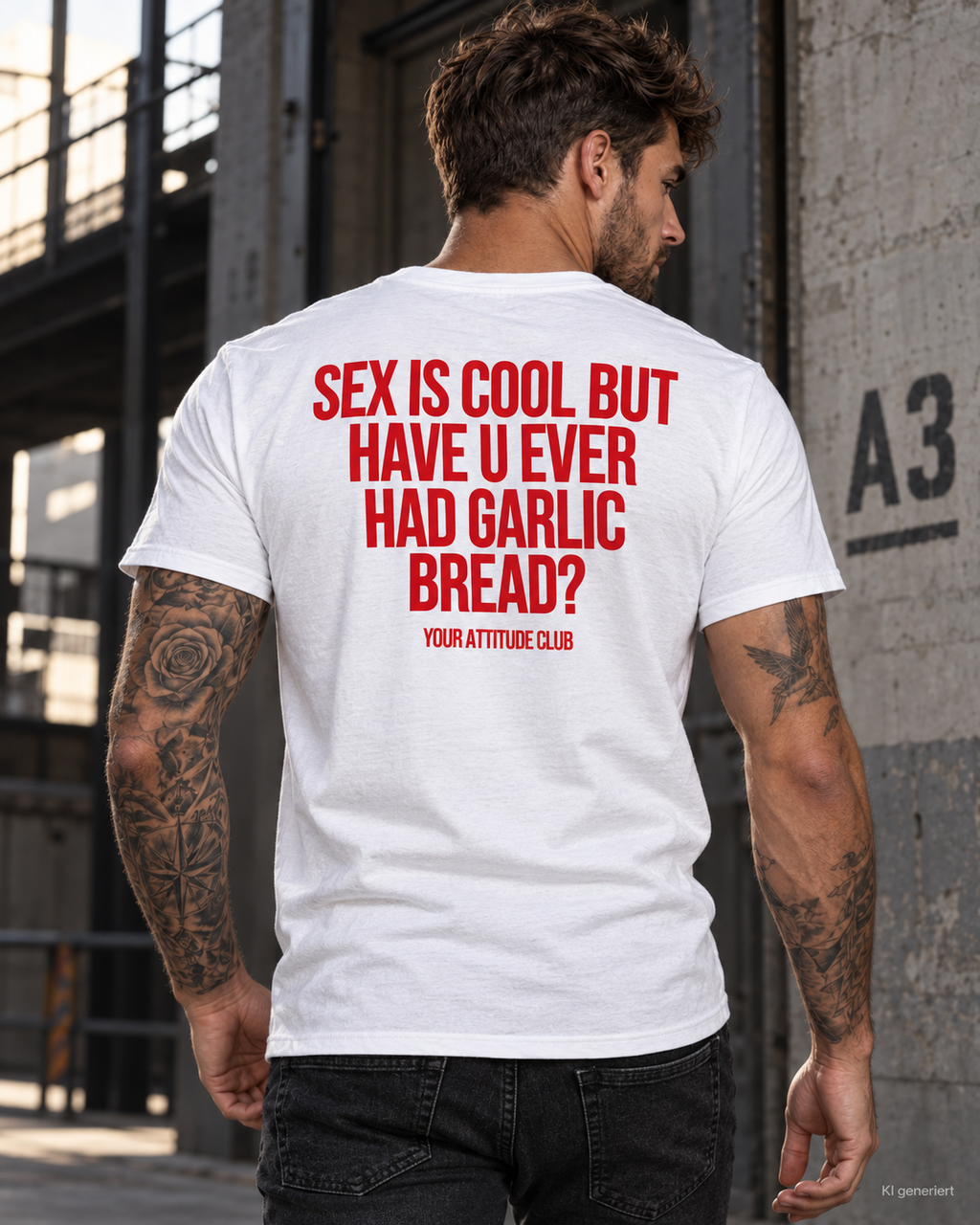 SEX IS COOL BUT HAVE U EVER HAD GARLIC BREAD? – Unisex Statement T-Shirt Weiß mit rotem Backprint | lustiges Sprüche Shirt