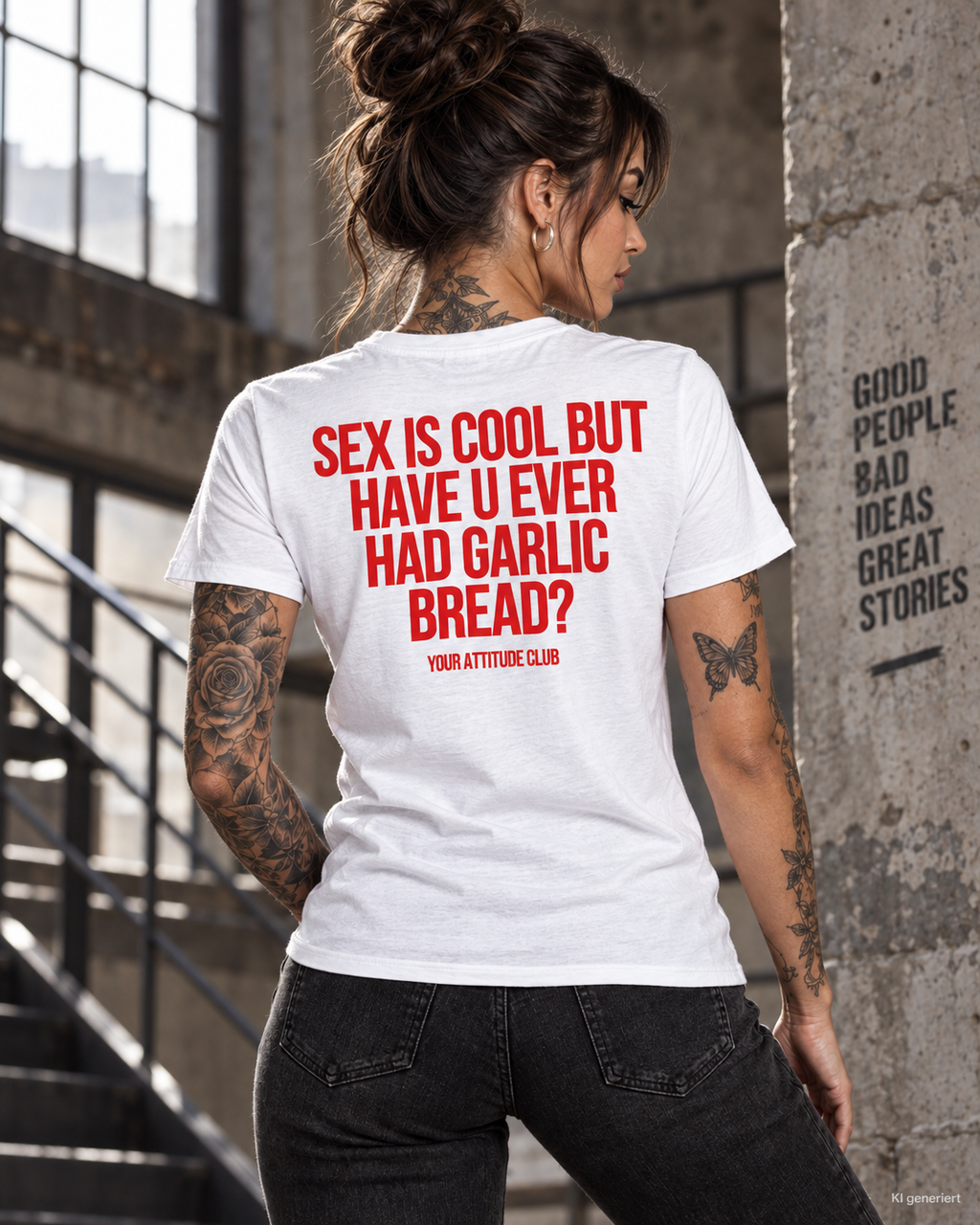 SEX IS COOL BUT HAVE U EVER HAD GARLIC BREAD? – Unisex Statement T-Shirt Weiß mit rotem Backprint | lustiges Sprüche Shirt