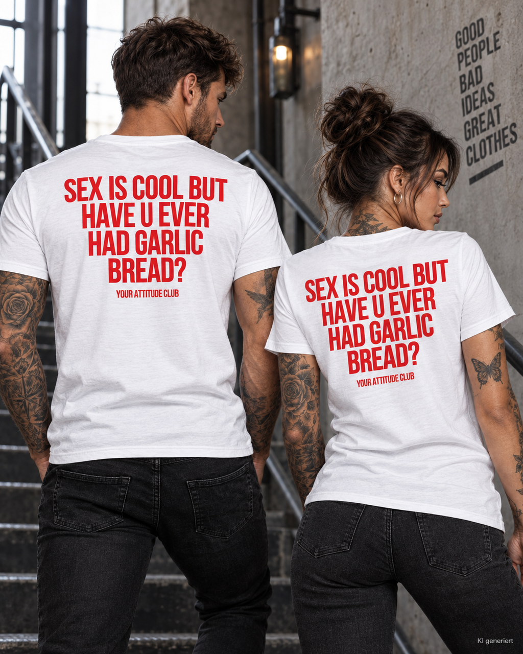 SEX IS COOL BUT HAVE U EVER HAD GARLIC BREAD? – Unisex Statement T-Shirt Weiß mit rotem Backprint | lustiges Sprüche Shirt