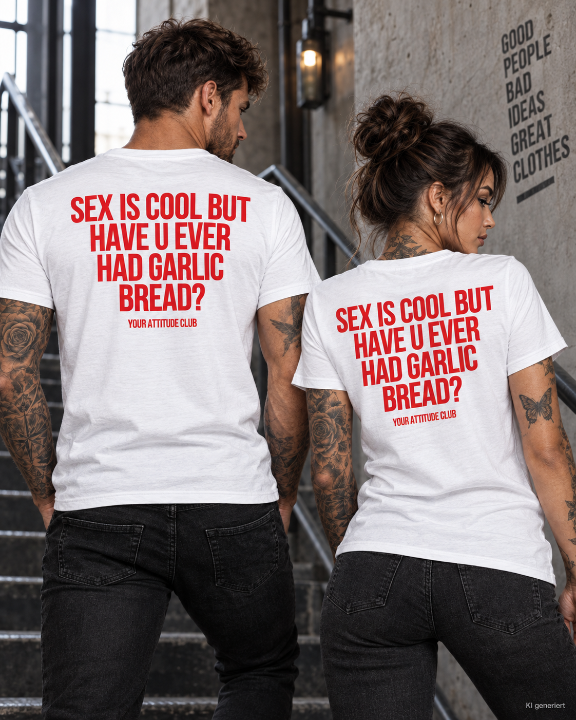 SEX IS COOL BUT HAVE U EVER HAD GARLIC BREAD? – Unisex Statement T-Shirt Weiß mit rotem Backprint | lustiges Sprüche Shirt