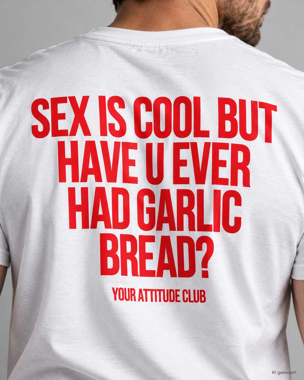 SEX IS COOL BUT HAVE U EVER HAD GARLIC BREAD? – Unisex Statement T-Shirt Weiß mit rotem Backprint | lustiges Sprüche Shirt
