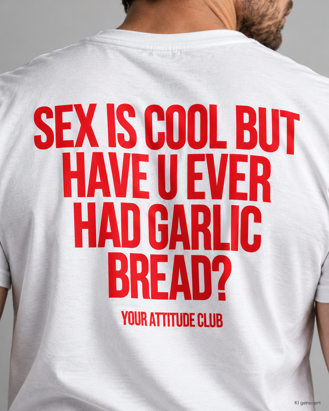 SEX IS COOL BUT HAVE U EVER HAD GARLIC BREAD? – Unisex Statement T-Shirt Weiß mit rotem Backprint | lustiges Sprüche Shirt