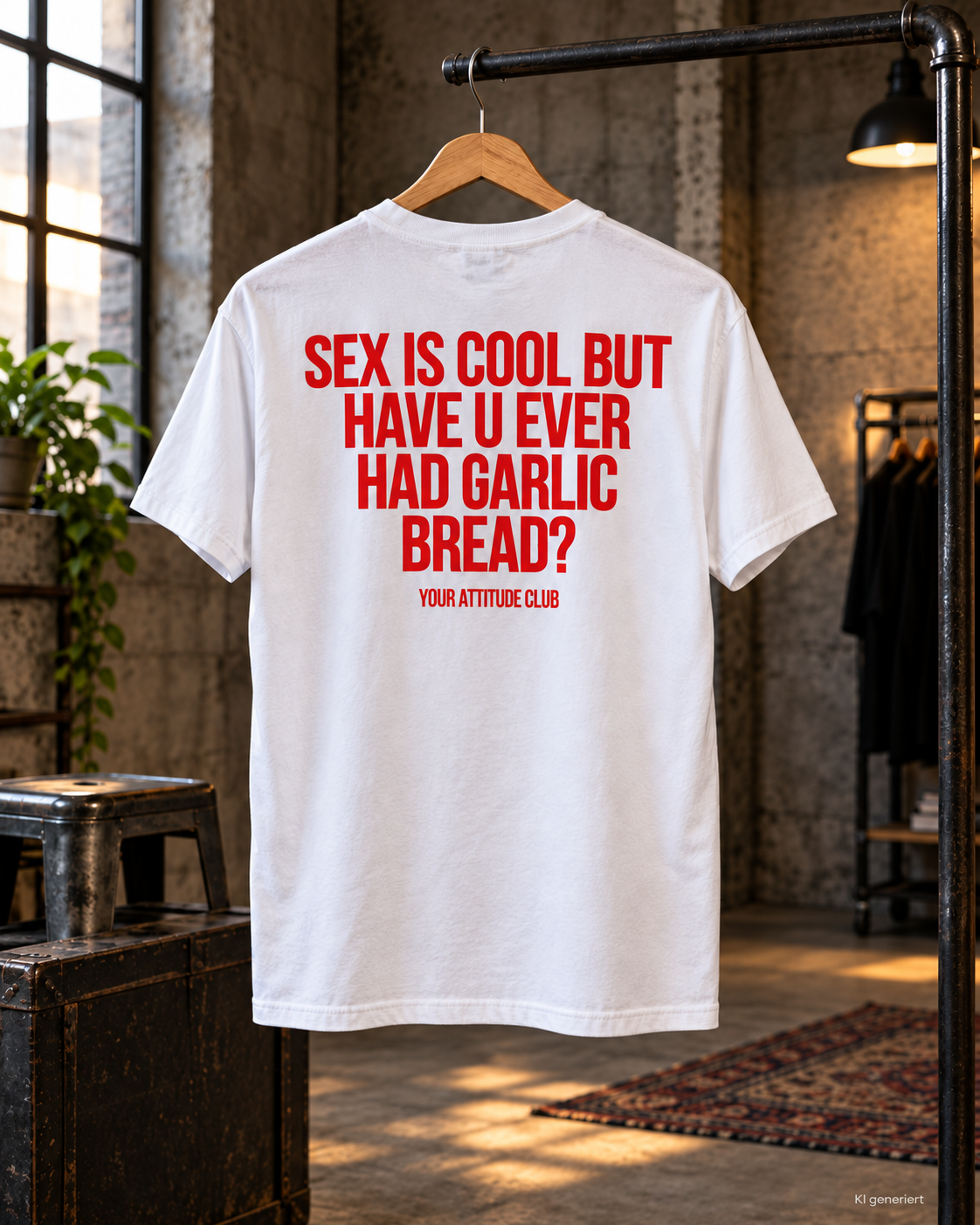 SEX IS COOL BUT HAVE U EVER HAD GARLIC BREAD? – Unisex Statement T-Shirt Weiß mit rotem Backprint | lustiges Sprüche Shirt