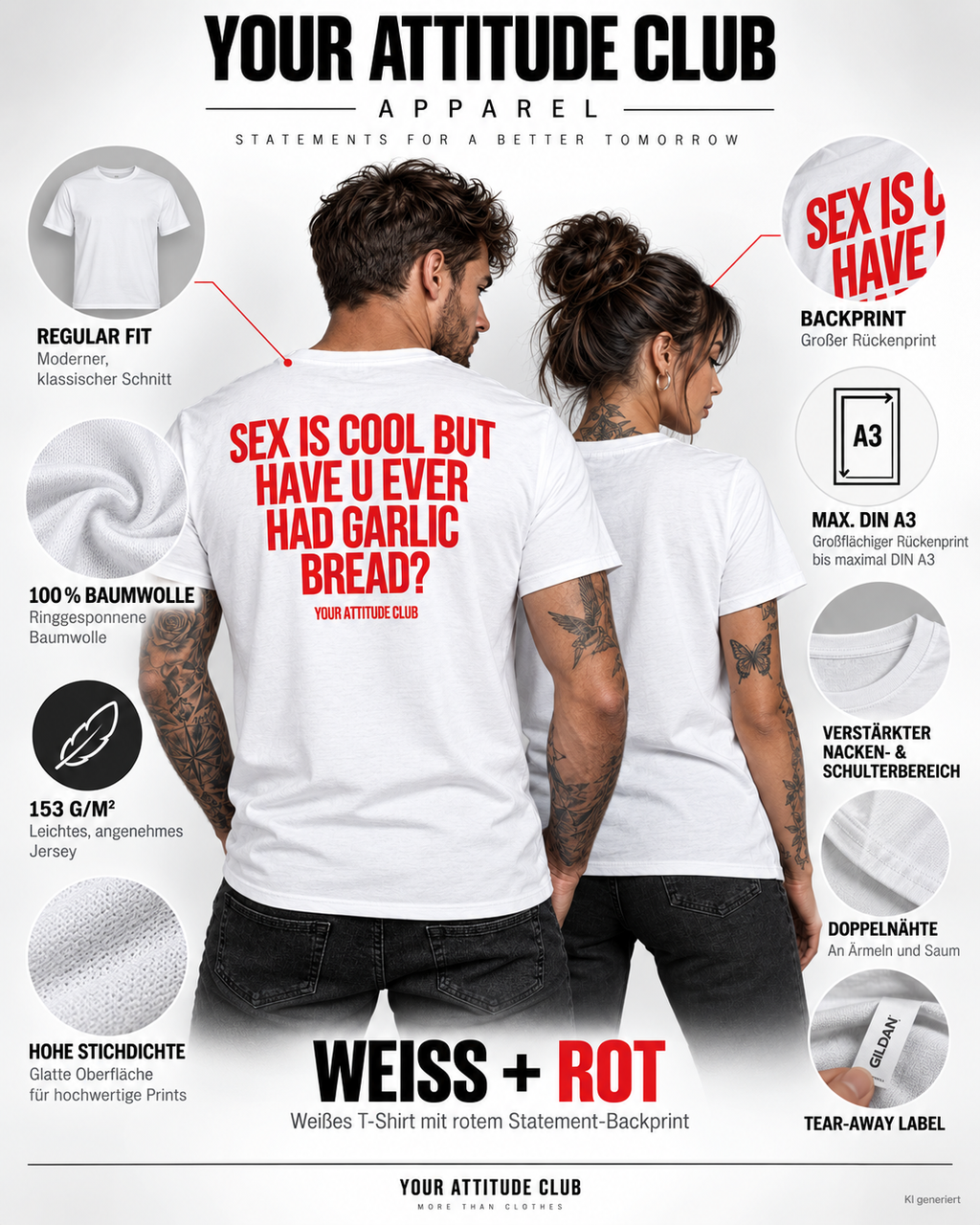 SEX IS COOL BUT HAVE U EVER HAD GARLIC BREAD? – Unisex Statement T-Shirt Weiß mit rotem Backprint | lustiges Sprüche Shirt