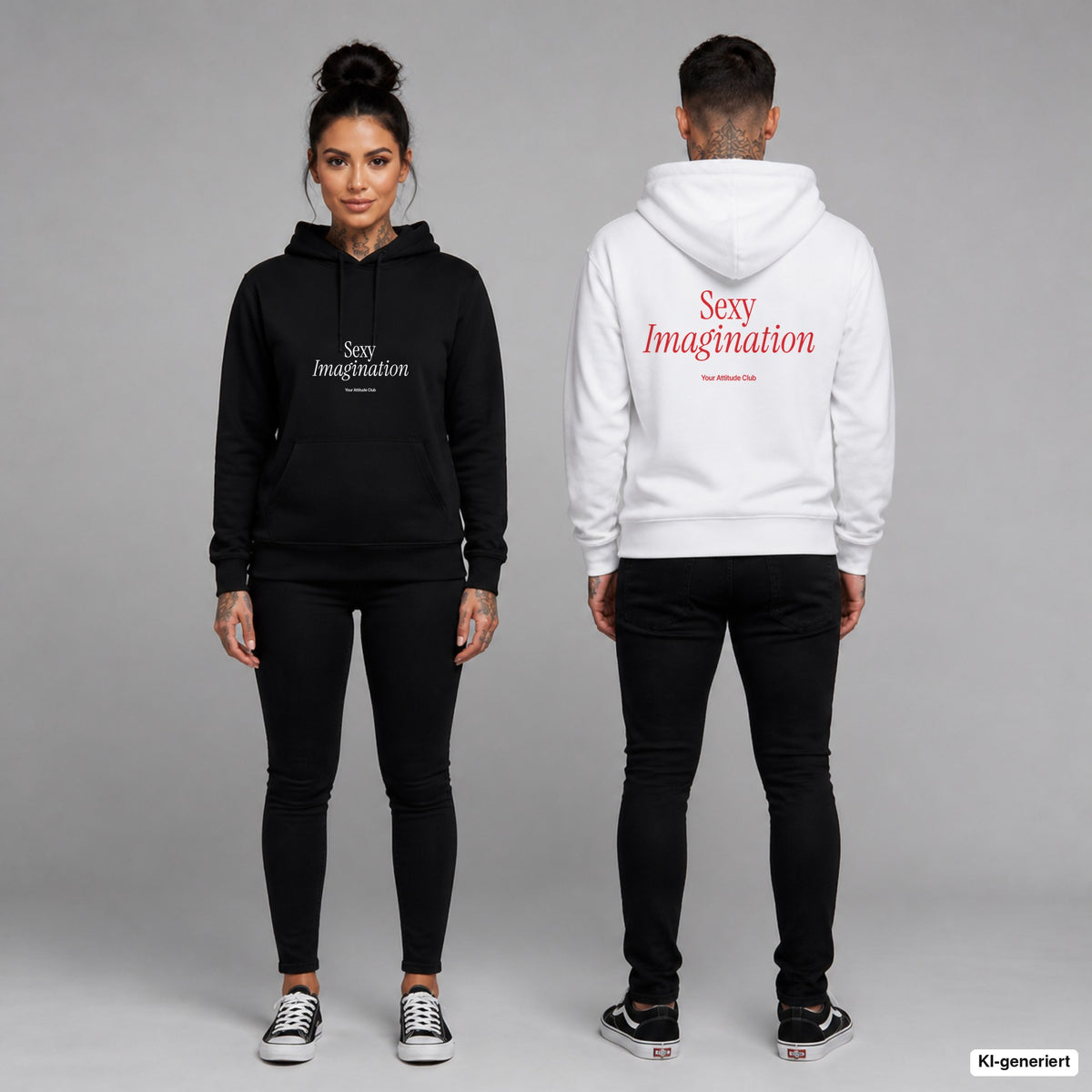 Sexy Imagination – Hoodie unisex mit Frontprint (Frau, Schwarz) und Backprint (Mann, Weiß)