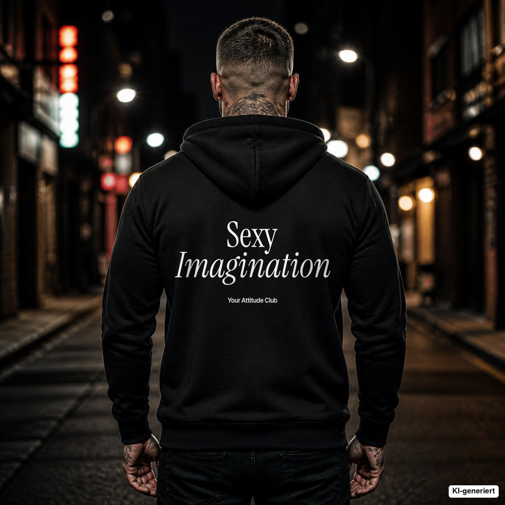 Sexy Imagination – schwarzer Hoodie mit weißem Backprint, Herren in der Stadt bei Nacht