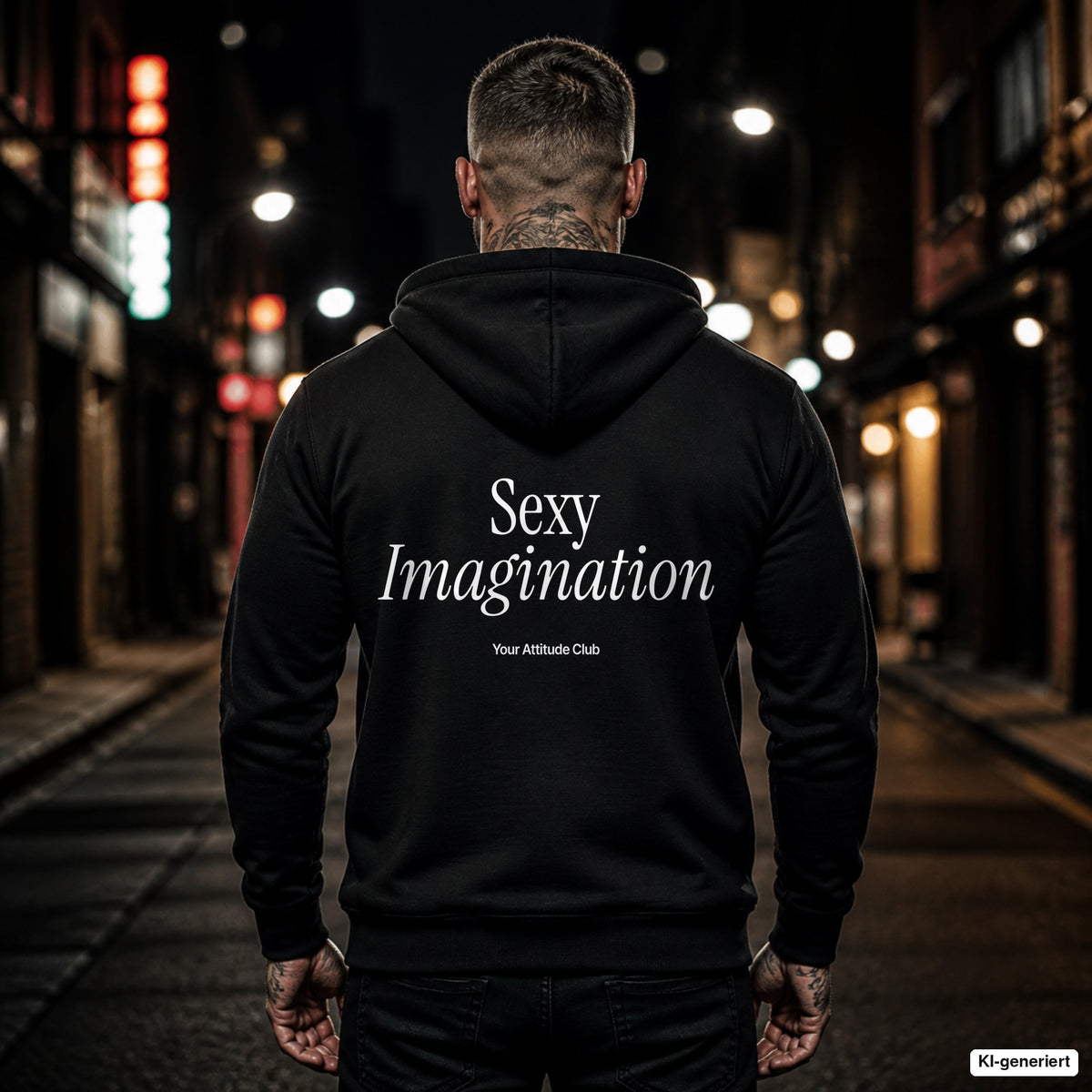 Sexy Imagination – schwarzer Hoodie mit weißem Backprint, Herren in der Stadt bei Nacht