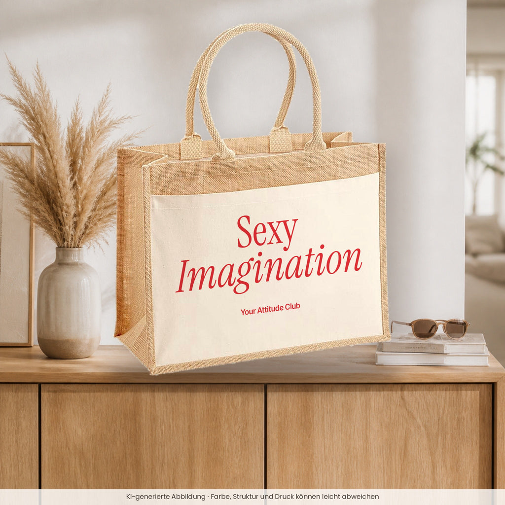 Sexy Imagination – Jutetasche mit Spruch, auf dem Sideboard im Flur
