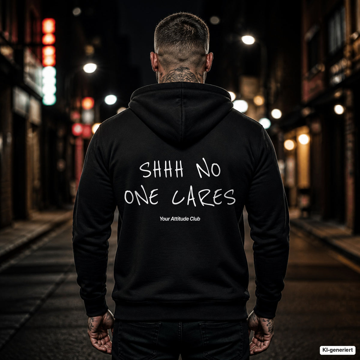 Shhh No One Cares – schwarzer Hoodie mit weißem Backprint, Herren in der Stadt bei Nacht