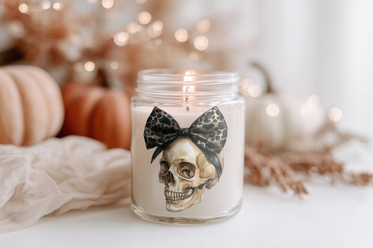 Skull Kerze mit Schleife Halloween Deko Duftkerze Glas vegan Sojawachs, Herbstkerze Geschenkidee Frauen, Gothic Deko, Leoparden Muster