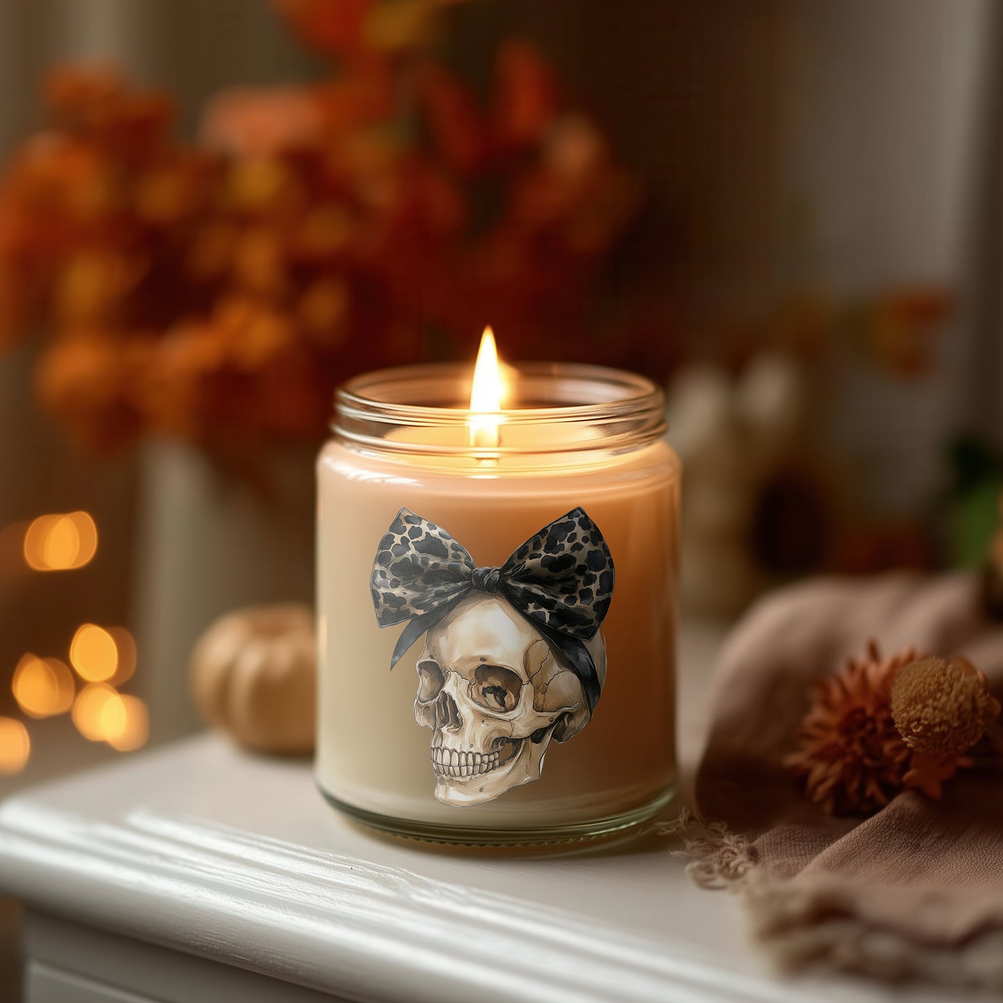 Skull Kerze mit Schleife Halloween Deko Duftkerze Glas vegan Sojawachs, Herbstkerze Geschenkidee Frauen, Gothic Deko, Leoparden Muster