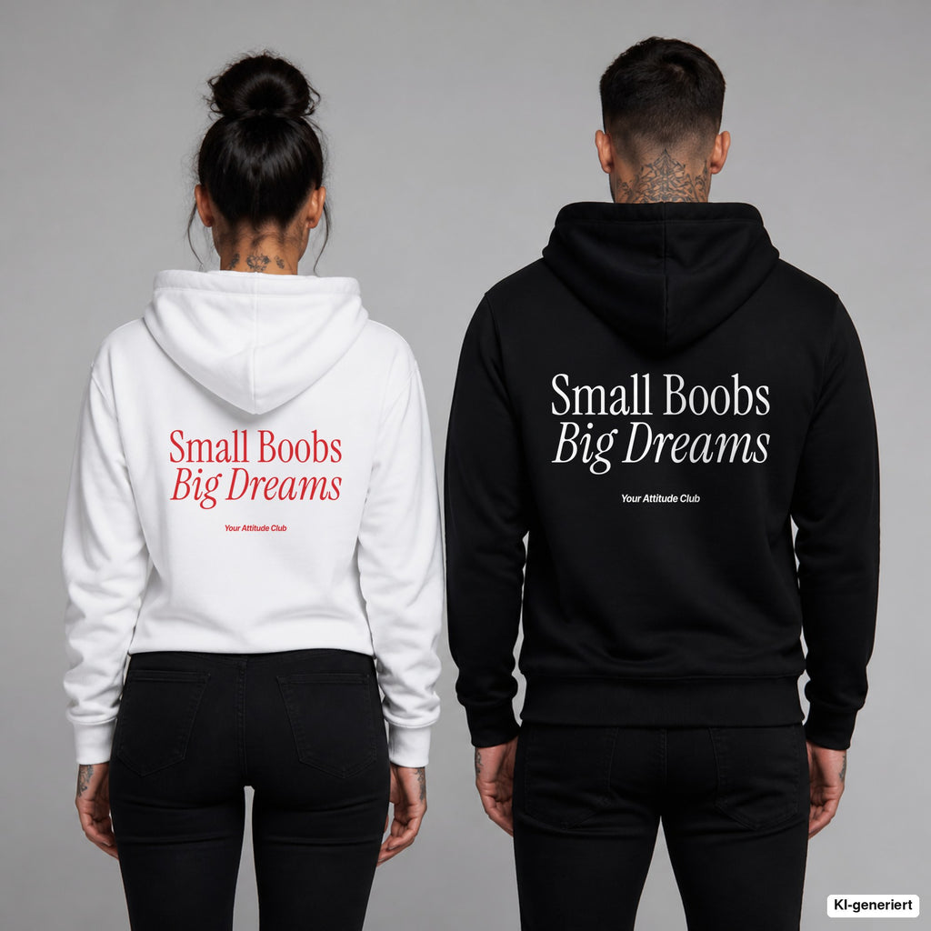 Small Boobs Big Dreams – Hoodie mit Backprint, Frau in Weiß mit rotem und Mann in Schwarz mit weißem Aufdruck
