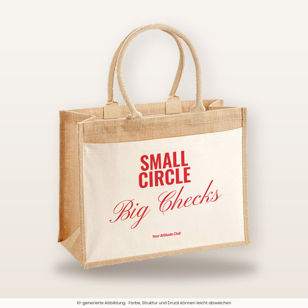 Small Circle Big Checks – Jutetasche mit Spruch, große Jutetasche, Produktansicht