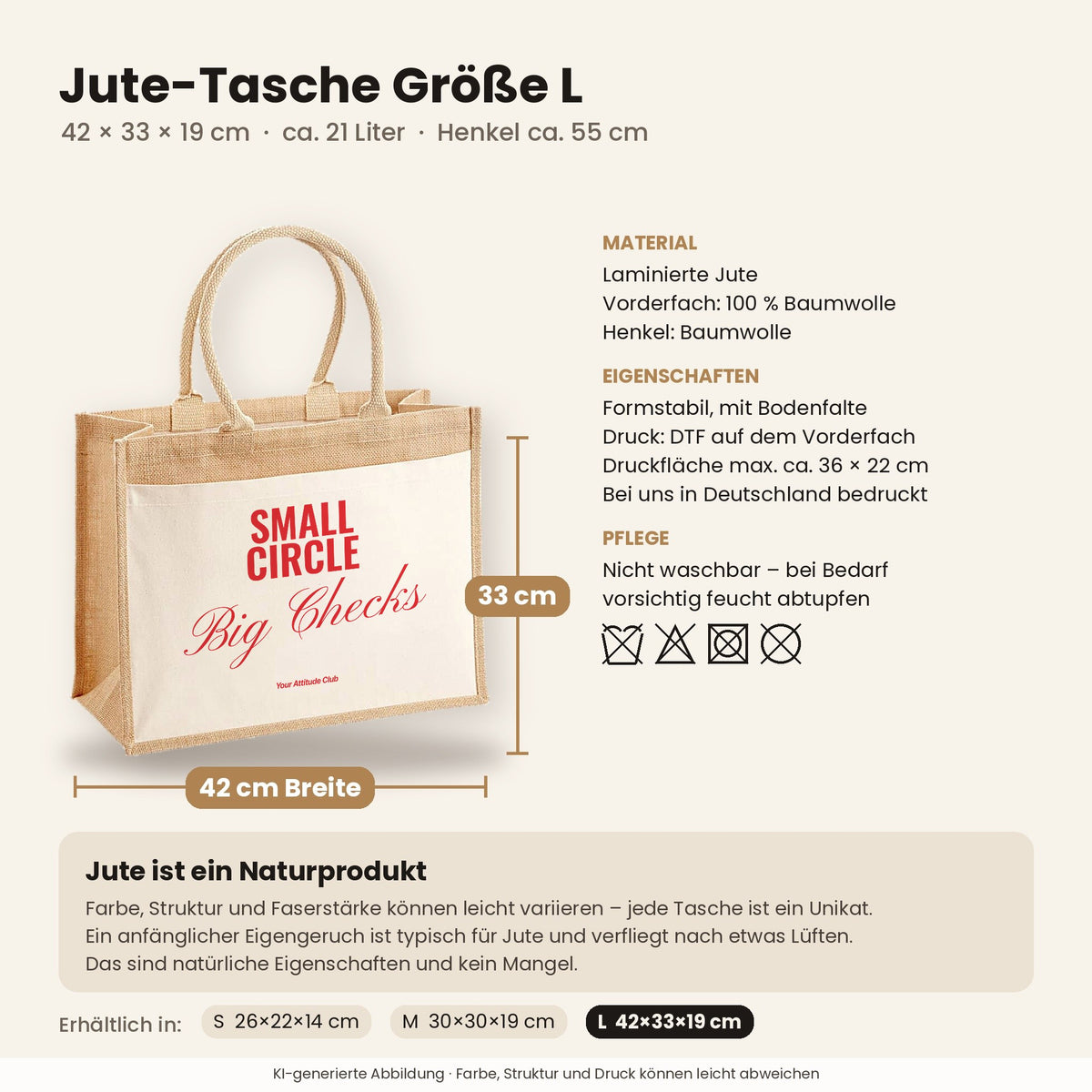 Small Circle Big Checks – Jutetasche mit Spruch, Maße, Material und Pflege