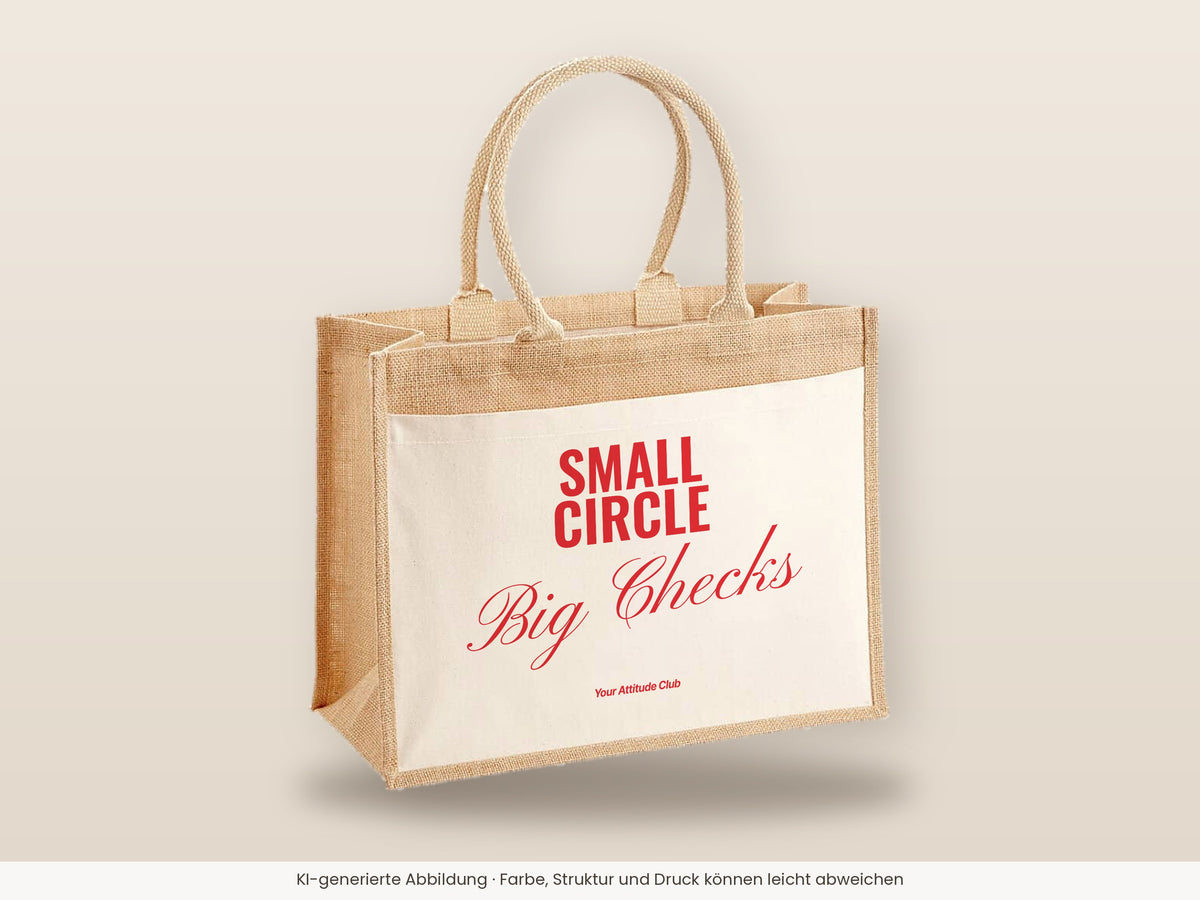 Small Circle Big Checks – Jutetasche mit Spruch, große Jutetasche, Detailansicht