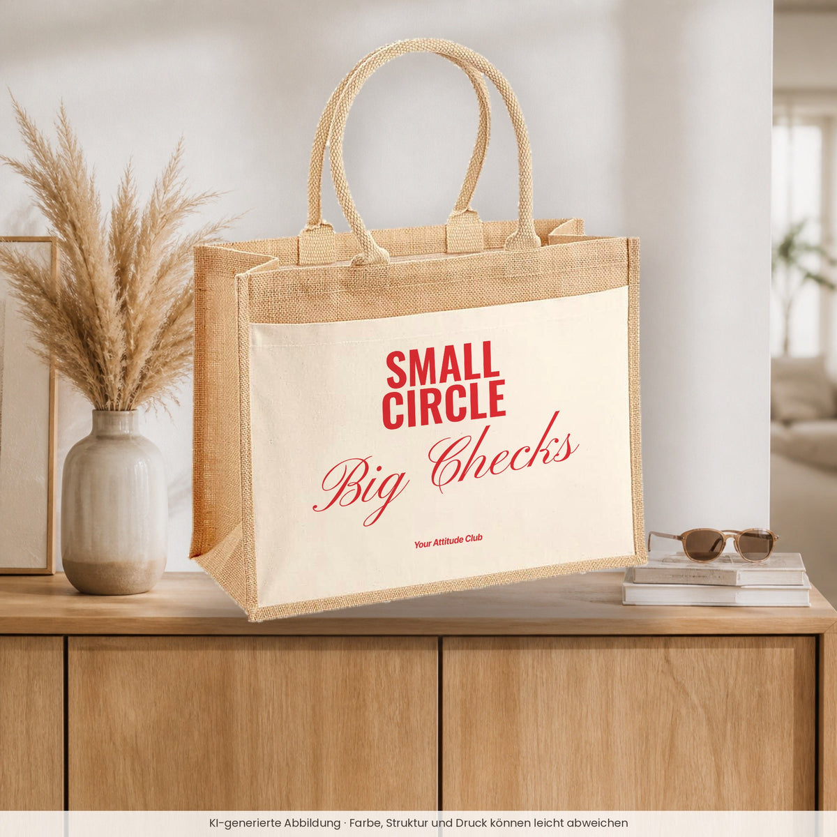 Small Circle Big Checks – Jutetasche mit Spruch, auf dem Sideboard im Flur