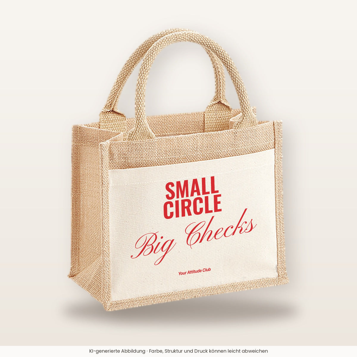 Small Circle Big Checks – Jutetasche mit Spruch, kleine Jutetasche 26 × 22 cm