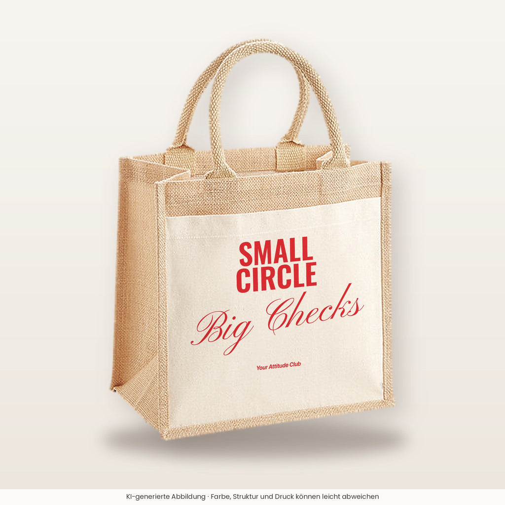 Small Circle Big Checks – Jutetasche mit Spruch, mittlere Jutetasche 30 × 30 cm