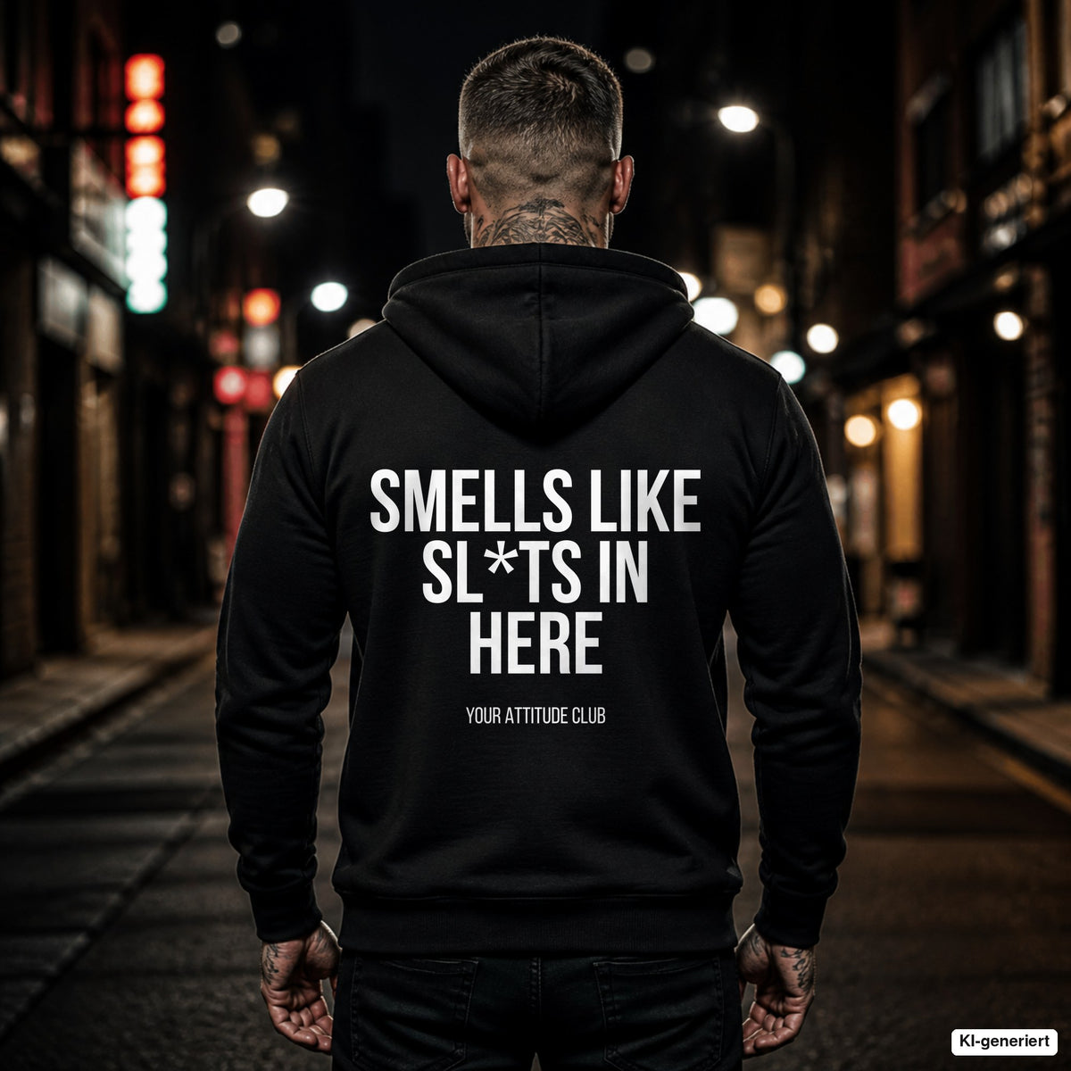 Smells like sl*ts in here – schwarzer Hoodie mit weißem Backprint, Herren in der Stadt bei Nacht