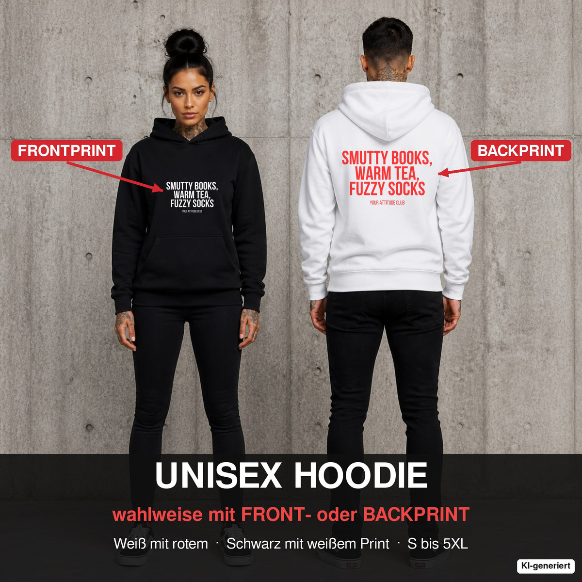 Smutty books, warm tea, fuzzy socks – Hoodie wahlweise mit Front- oder Backprint, Paar vor Betonwand