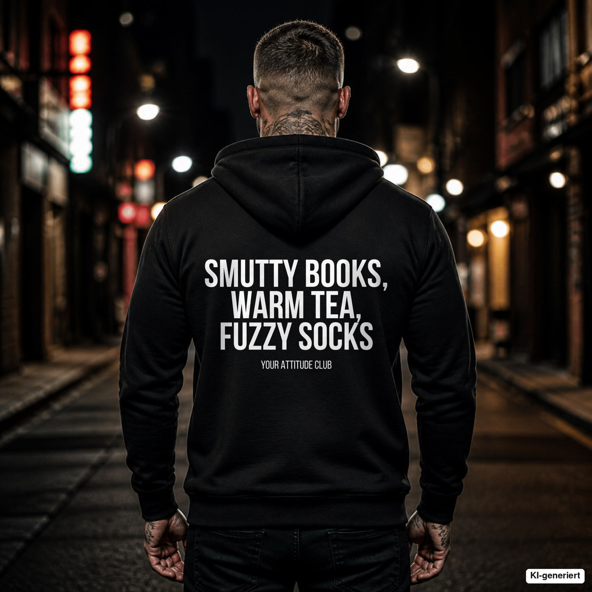 Smutty books, warm tea, fuzzy socks – schwarzer Hoodie mit weißem Backprint, Herren in der Stadt bei Nacht