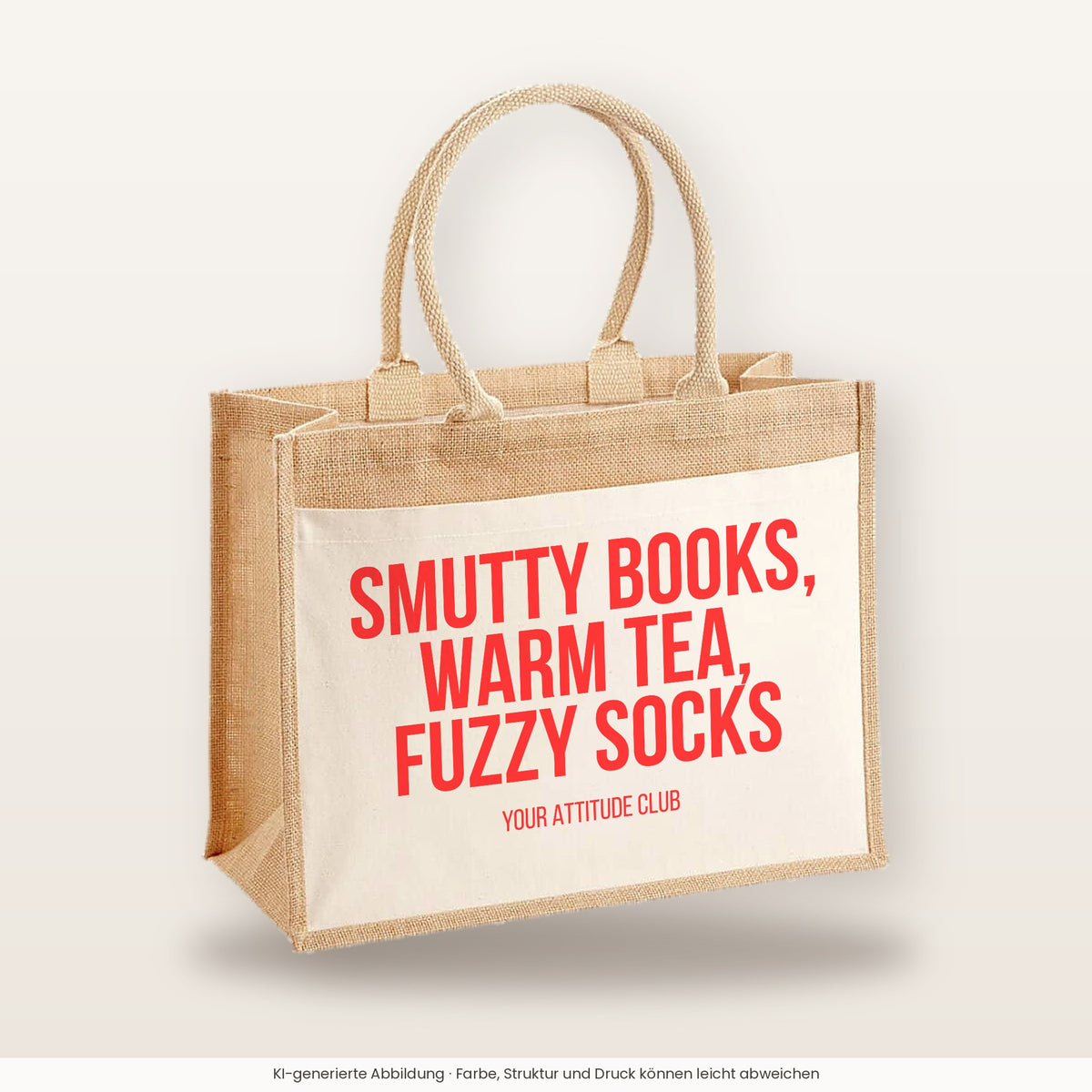 Smutty books, warm tea, fuzzy socks – Jutetasche mit Spruch, große Jutetasche, Produktansicht