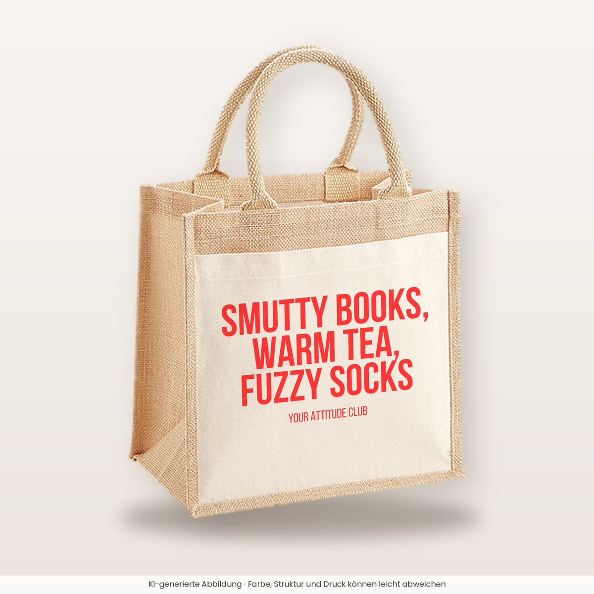 Smutty books, warm tea, fuzzy socks – Jutetasche mit Spruch, mittlere Jutetasche 30 × 30 cm