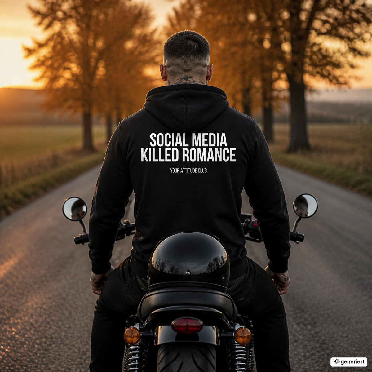 Social media killed romance – schwarzer Hoodie mit weißem Backprint, Herren auf dem Motorrad