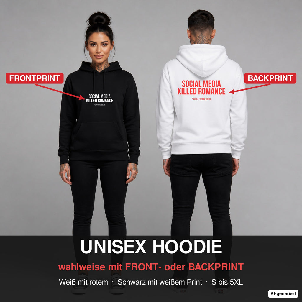 Social media killed romance – Hoodie wahlweise mit Frontprint oder Backprint – Frau vorne in Schwarz, Mann hinten in Weiß