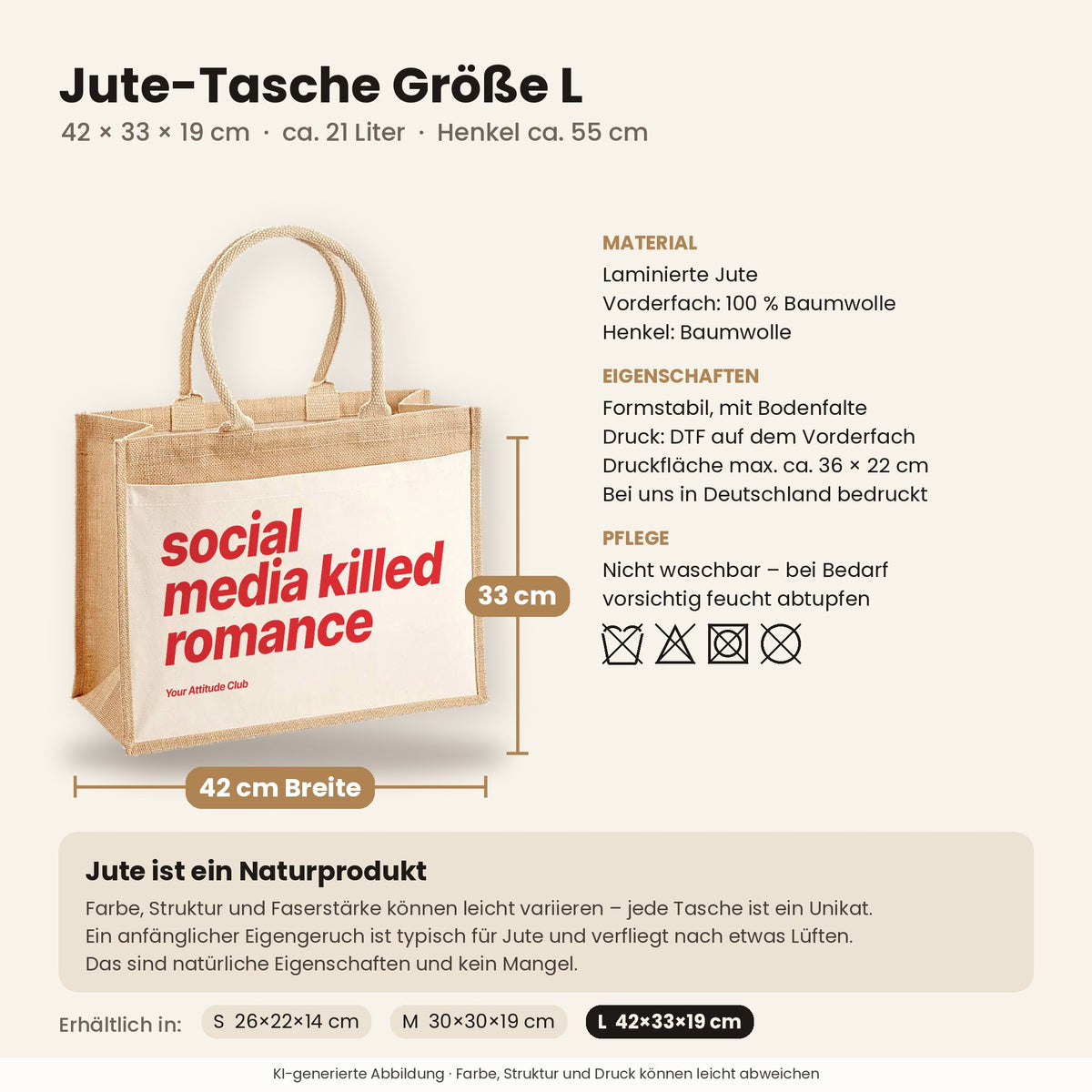 Social Media Killed Romance – Jutetasche mit Spruch, Maße, Material und Pflege