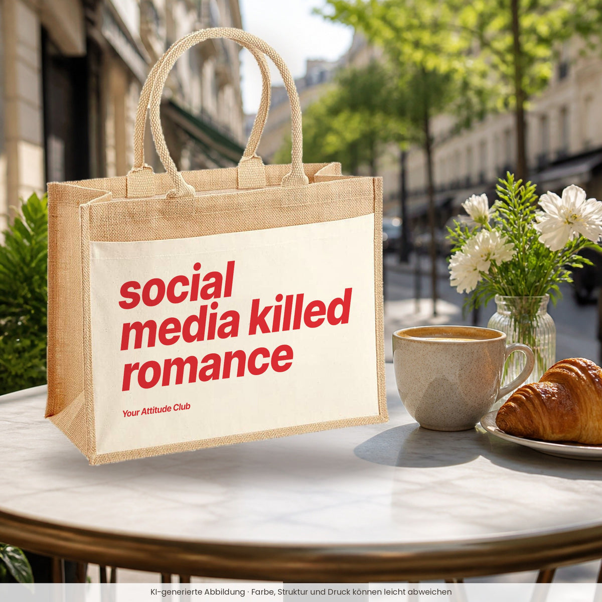 Social Media Killed Romance – Jutetasche mit Spruch, im Café