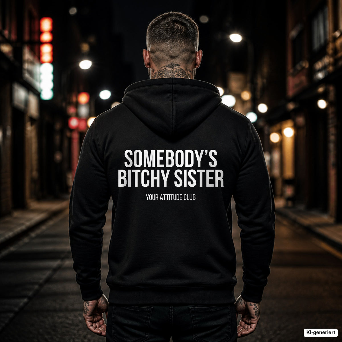 SOMEBODY’S BITCHY SISTER – schwarzer Hoodie mit weißem Backprint, Herren in der Stadt bei Nacht