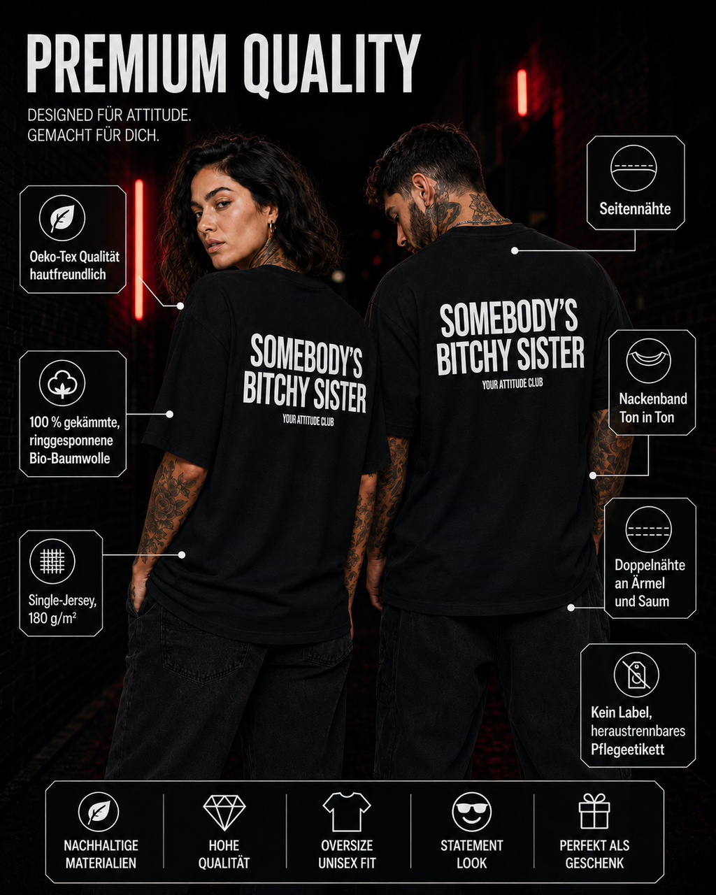 SOMEBODY’S BITCHY SISTER – Weißes Oversize Unisex Shirt mit rotem Backprint, lustiges Schwester Shirt, freches Statement T-Shirt, Geschenk Schwester