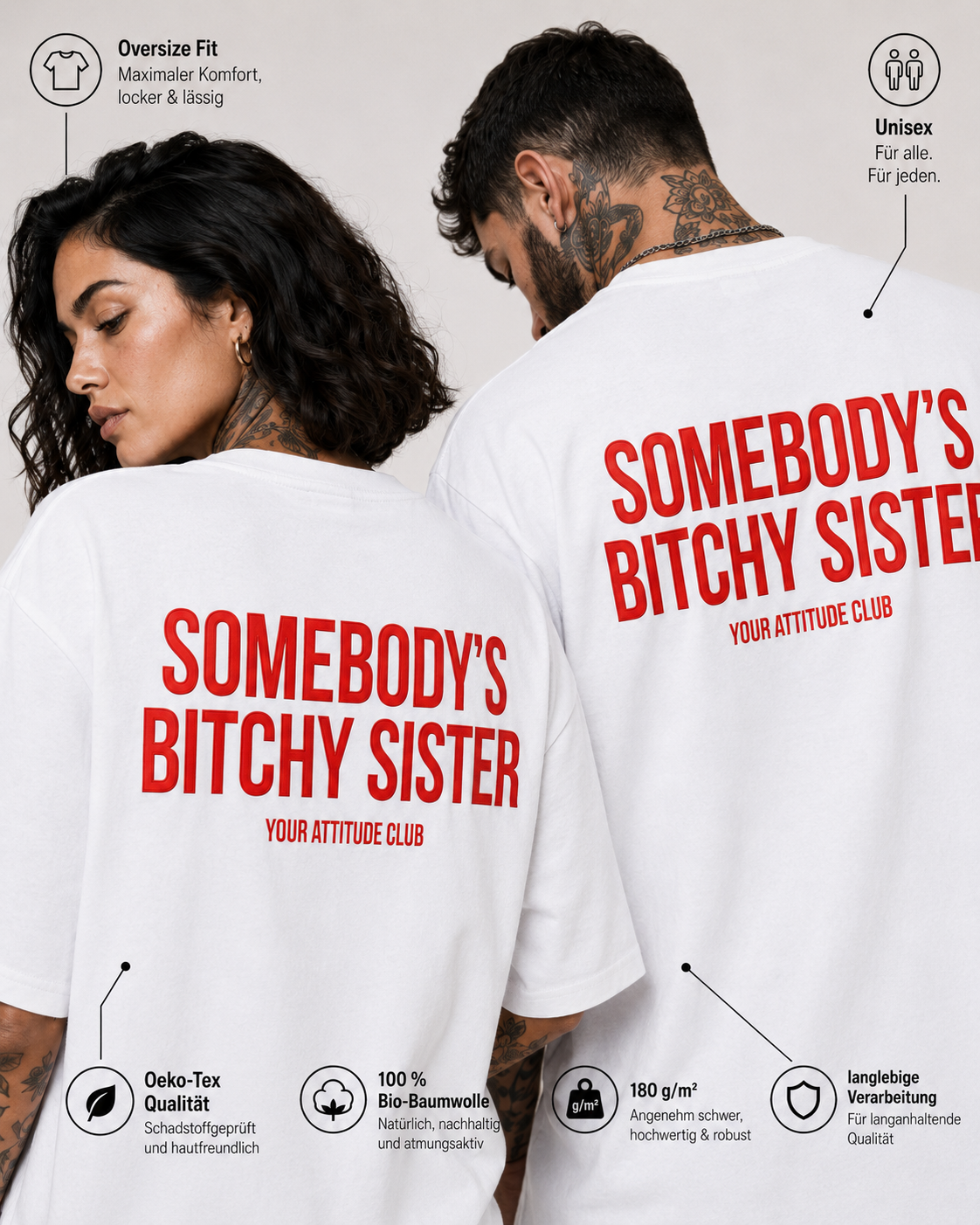 SOMEBODY’S BITCHY SISTER – Weißes Oversize Unisex Shirt mit rotem Backprint, lustiges Schwester Shirt, freches Statement T-Shirt, Geschenk Schwester