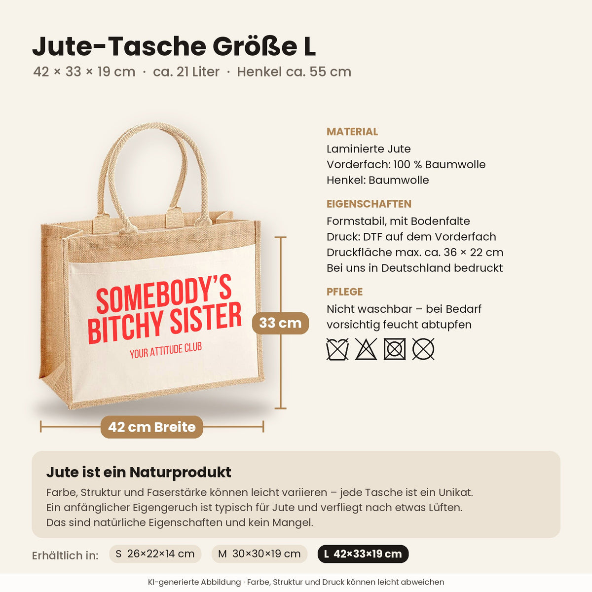 Somebody’s bitchy sister – Jutetasche mit Spruch, Maße, Material und Pflege